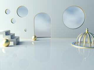 Mockup with geometric shapes in blue and golden color, minimalist abstract background. 3D rendering.