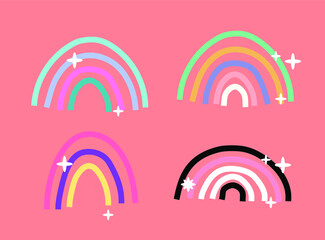 Hand drawn rainbows in minimalist scandinavian style. Modern boho illustrations. Rainbow in different shapes. Colorful contemporary abstract art.