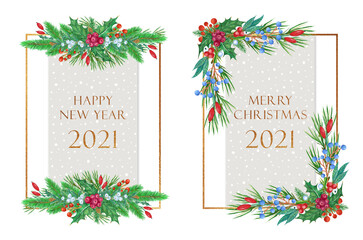 Christmas card template with winter plants and golden frame for invitation, poster