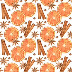 Seamless pattern with oranges and spices on a white background. Watercolor illustration for Christmas holidays. 