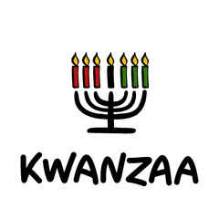 Happy Kwanzaa handwritten text for traditional african american ethnic holiday vector illustration. Concept design for greeting card with kinara and burning black, red, green colored candles.