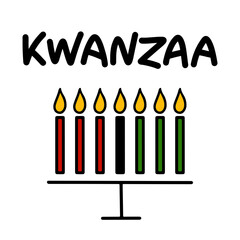 Happy Kwanzaa handwritten text for traditional african american ethnic holiday vector illustration. Concept design for greeting card with kinara and burning black, red, green colored candles.
