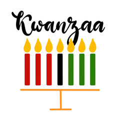Happy Kwanzaa handwritten text for traditional african american ethnic holiday vector illustration. Concept design for greeting card with kinara and burning black, red, green colored candles.