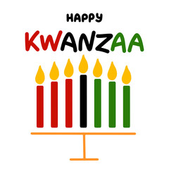 Happy Kwanzaa handwritten text for traditional african american ethnic holiday vector illustration. Concept design for greeting card with kinara and burning black, red, green colored candles.