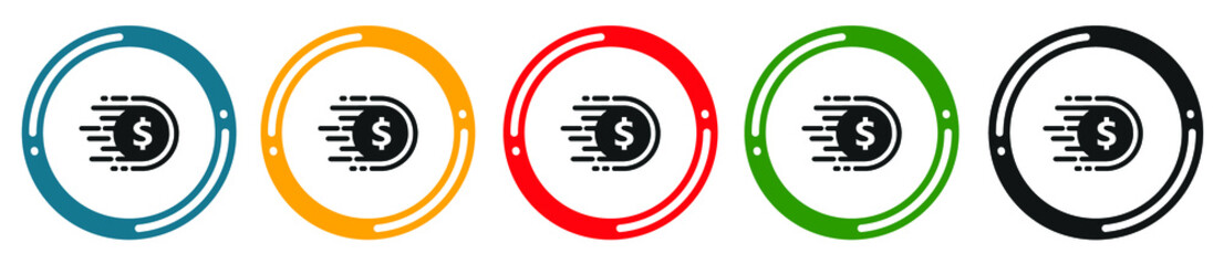 Money fast send icon set. flat design vector illustration in 5 colors options for web design