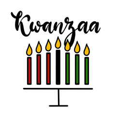 Happy Kwanzaa handwritten text for traditional african american ethnic holiday vector illustration. Concept design for greeting card with kinara and burning black, red, green colored candles.
