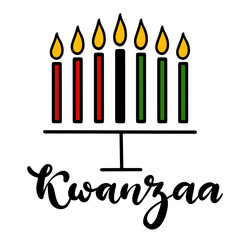 Happy Kwanzaa handwritten text for traditional african american ethnic holiday vector illustration. Concept design for greeting card with kinara and burning black, red, green colored candles.
