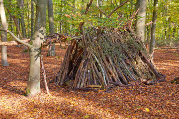 Einfache Hütte im herbstlich bunten Wald.