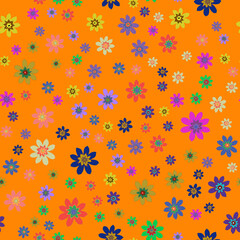 Childrens seamless pattern with small flowers. Floral pattern on an orange background. Small flowers of different colors and shapes. Like a flower kaleidoscope.