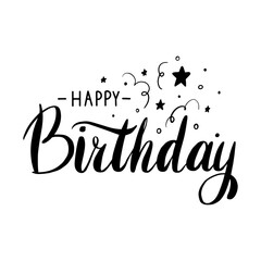 Happy birthday greeting card template lettering in black letters on a white background. Beautiful text for invitation, congratulations.