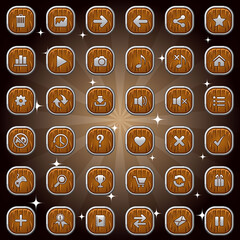Wooden square buttons and symbol icons with silver frame isolatedset design for game or web. Vector illustration.