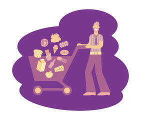 A man with a shopping trolley. Colored isolated illustration.