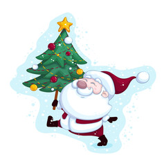 Funny little Santa Claus carries a decorated Christmas tree. Vector cartoon character. Christmas sticker and element for the card.