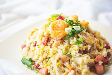 A view of a plate of fried rice.