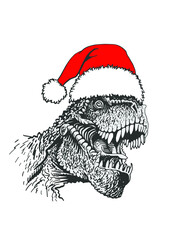 Vector portrait of  tyrannosaurus in Santa Claus hat isolated on white background, new year illustration