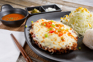 A view of a katsu with melted cheese.