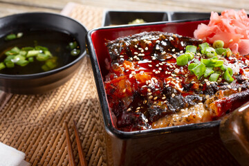 A closeup view of an unagi bowl.