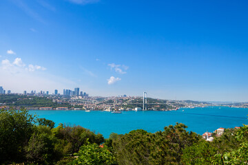 Fototapeta na wymiar Cityscape of Istanbul. Bosphorus bridge and turquoise colored Istanbul Strait from Fethi Pasa Forest.