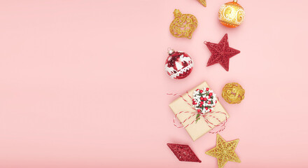Merry Christmas postcard banner, decorations on pink background, copy space