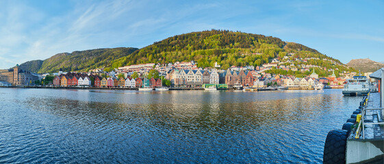 view of the bay, Bergen, Norway, wooden old hauses, hansa, Hanseatic quarter - 389967973