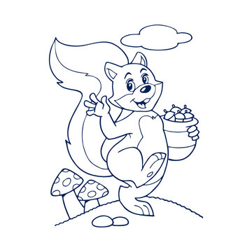 Printable coloring page outline of cute cartoon squirrel climbing on tree near the hollow.