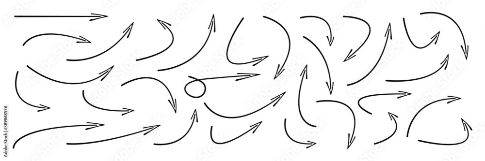 Wall mural hand drawn curved arrows. sketch doodle style. collection of vector pointers.