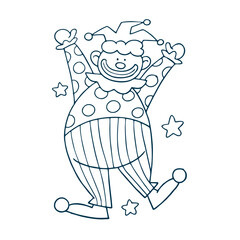 Coloring page with two little circus clowns performing