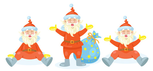 Funny Santa Claus in different poses stands with a gift bag, sits, raises his hands. In cartoon style. Isolated on white background. Vector flat illustration.11