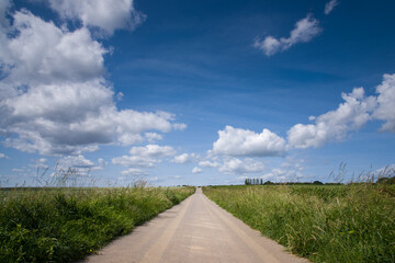 une route dans la campagne avec un ciel bleu et de gros nuages blancs.