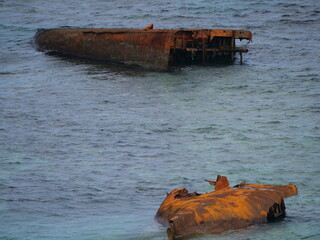 Okinawa,Japan-October 28, 2020: A broken stranded ship along Iguana Rock in Irabujima island,...