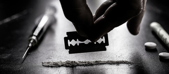 hand separating with a blade a portion of cocaine, white powder to be inhaled, concept of addiction...
