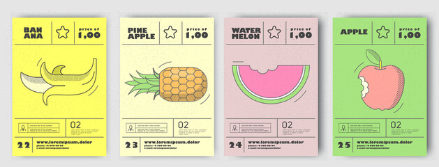 Vector illustrations. Set of posters or price tags for fruits. Banana, pineapple, watermelon, apple.