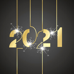 2021 Happy New Year modern black light typography line design sparkle firework gold black background vector logo icon