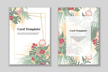 Set of 2 boho greting card templates, tender pastel colorls, white background. Golden geometrical frame.