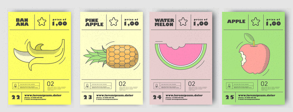 Vector illustrations. Set of posters or price tags for fruits. Banana, pineapple, watermelon, apple.