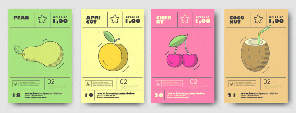 Vector illustrations. Set of posters or price tags for fruits. Pear, apricot, cherry, coconut.