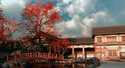 Cozy Asian landscape against the backdrop of beautiful cumulus clouds and blue sky. Traditional Japanese courtyard with a temple, trees and a bridge. Photorealistic 3D illustration.