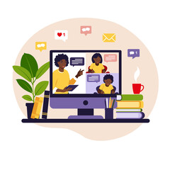 Online learning concept. Online class. African teacher at chalkboard, video lesson. Distance study at school. Vector illustration. Flat style.