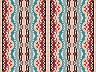 Ikat border. Geometric folk ornament. Ink on clothes. Tribal vector texture. Seamless striped pattern in Aztec style. Ethnic embroidery. Indian, Scandinavian, Gypsy, Mexican, African rug.