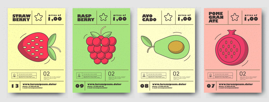 Vector illustrations. Set of posters or price tags for fruits. Pomegranate, strawberry, raspberry, avocado.