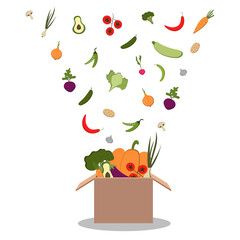 Delivery food in cardboard box from grocery store. Shipping order with products from supermarket. Vector cartoon illustration of package with vegetables.
