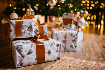 New Year 2021 interior with candles, bulbs and bokeh. Room decorated to christmas celebration....