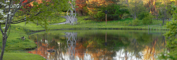Panoramic view of nature pond with autumn tree reflections