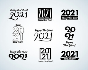 Big collection of 2021 Happy New Year signs. Set of 2021 Happy New Year symbols. Greeting card artwork, brochure template. Vector illustration with black holiday labels isolated on white background.