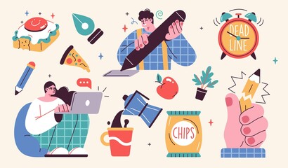 Set of illustrations about remote work and freelance. Freelancers at work and working distantly concept illustrations