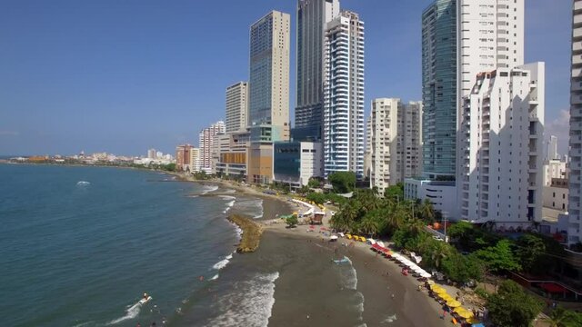 Aerial view of beaches and high rise buildings in the Bocagrande neighbourhood during summer in Cartagena de Indias, Caribbean Coast Region, Colombia.