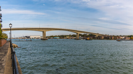 A view down the River Itchen to the Itchen Bridge in Southampton, UK in Autumn