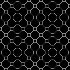 Repeated black figures on white backgrounde. Geometric wallpaper. Seamless surface pattern design with regular octagons and squares. Diamonds motif. Digital paper for textile print. Vector art