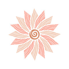 Vector illustration with pink petals and thin lines. Elegant design element for wedding invitations, frames, botanical compositions.Pink flower with sharp leaves. Spiral in the center, stylized floral