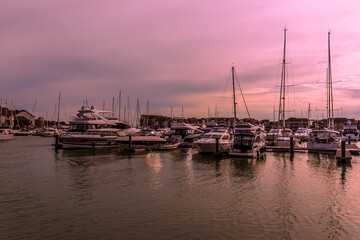A view at sunset of the Ocean Village marina in Southampton, UK in Autumn